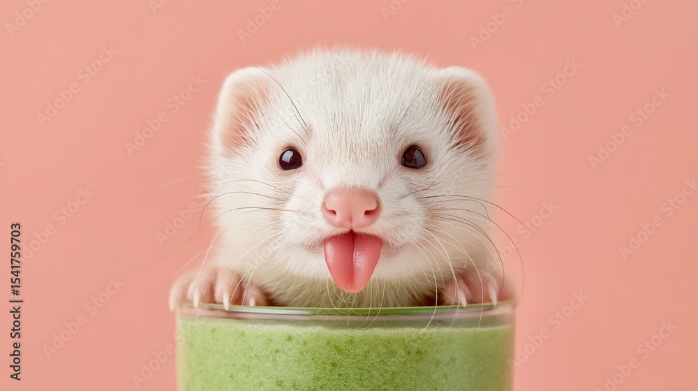 Fototapeta premium Funny ferret playfully sticking out its tongue while perched on a glass of green smoothie. Set against a warm pastel background, ideal for wellness, humor, and pet product ads
