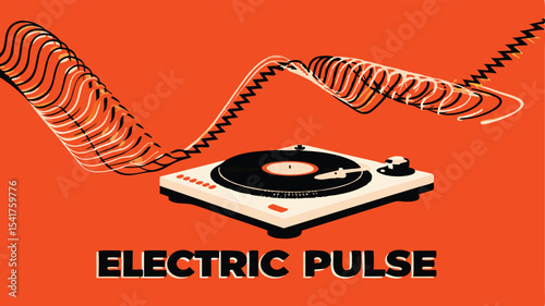 Retro turntable with black vinyl record and sound waves on orange background creating a vintage vibe