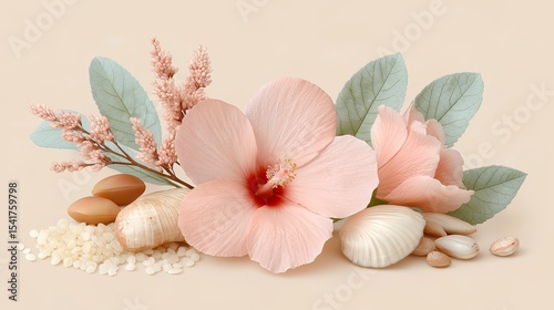 A soft and elegant botanical arrangement featuring hibiscus flowers, eucalyptus leaves, seeds, shells. Wellness, skincare, and organic beauty product themes