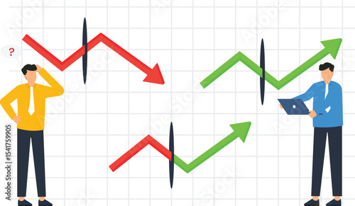 Businessman Analyzing Stock Market Graph, market fluctuations and investment strategies, economics, and business, growth and decline two businessmen representing different investment approaches.