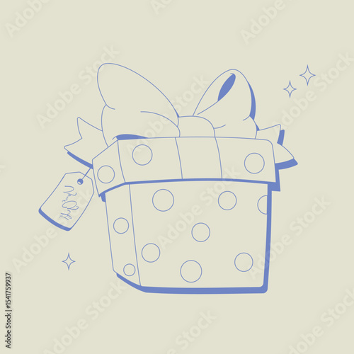Cute blue line art of a gift box with a big ribbon bow and polka dots on a pastel background. Perfect for birthdays, celebrations, packaging, Valentine’s Day, or greeting cards.

