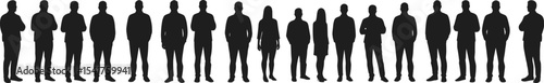 Group of people silhouettes standing, man and woman, side by side, vector illustration, crowd, casual pose, black figures, design element