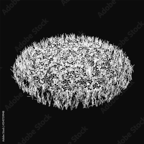 A circle of lush white grass stands boldly against a stark black background, creating a striking monochrome contrast. The detailed drawing emphasizes texture and simplicity, perfect for minimalist.