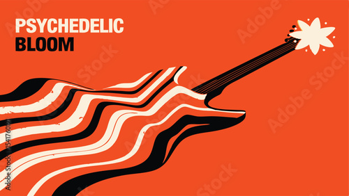 Abstract guitar with psychedelic design and flower headstock on orange background art piece
