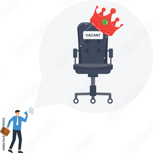Announcing Job Opportunity, high-level job opening, crown atop the vacant executive chair, opportunity and success, attracting top-tier candidates, color palettes, attracting talent in executive,