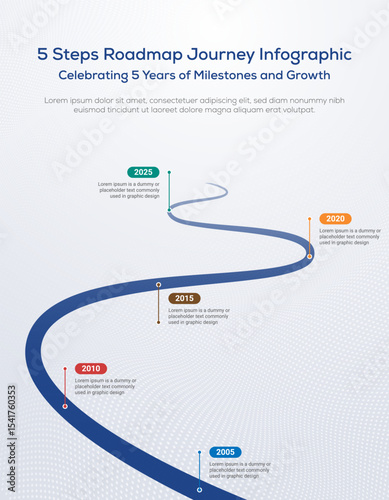 Creative 5-step roadmap infographic template. Ideal for business timelines, growth journeys, company milestones, and corporate presentations. Modern, clean, and professional design.