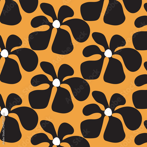 This digital illustration showcases a repeating pattern of stylized black flowers on a vibrant orange background. The flowers are simplistic in design, featuring five petals and a small white center. 