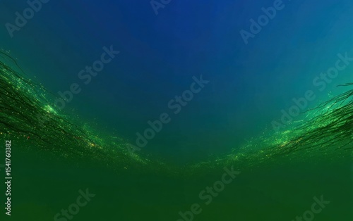 Underwater view of murky greenish-blue water with aquatic plants