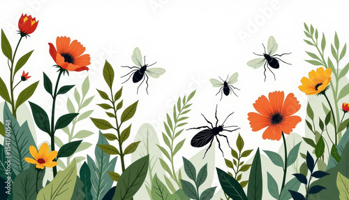 Greenhouse pests interacting with colorful plants, ecological awareness