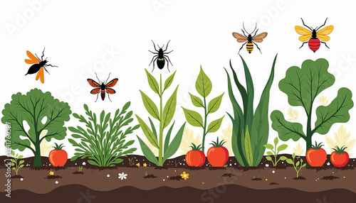 Vibrant pest protection in vegetable garden illustration, organic gardening