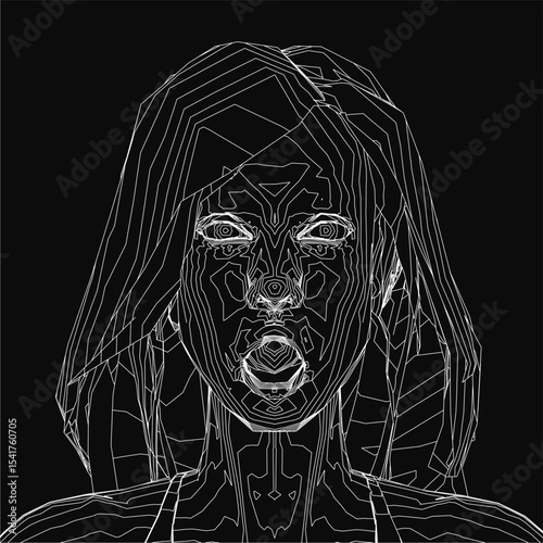 A distressed woman with long wavy hair gazes wide-eyed, her mouth slightly open, set against a dark background. The black and white illustration captures raw emotion and tension.