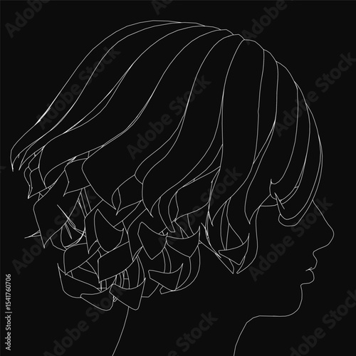A black and white line drawing of a woman's head with voluminous curly hair, set against a dark contrasting background. The illustration features clean, elegant strokes and a minimalist aesthetic,.