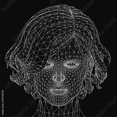 Wireframe portrait of a woman's head composed of intricate lines and geometric shapes, forming a stylized digital illustration. The design features a sleek black background, emphasizing the.