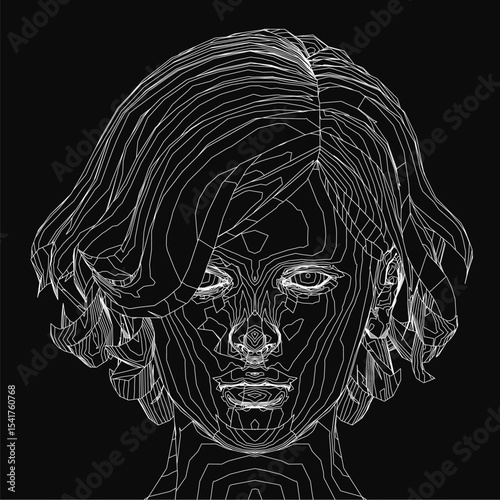A young woman's serene face with closed eyes and slightly parted lips, framed by long wavy hair cascading over her shoulders. The black and white illustration highlights delicate facial features.