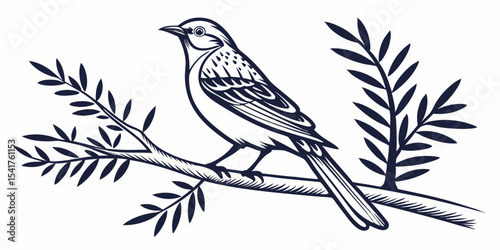 Cute cartoon silhouette sparrow settings on a branch with flowers, a lovely spring nature illustration with floral decoration in white background 