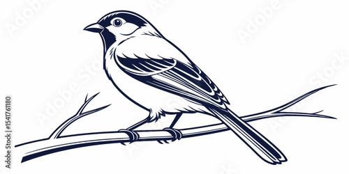 Cute cartoon silhouette sparrow settings on a branch with flowers, a lovely spring nature illustration with floral decoration in white background 