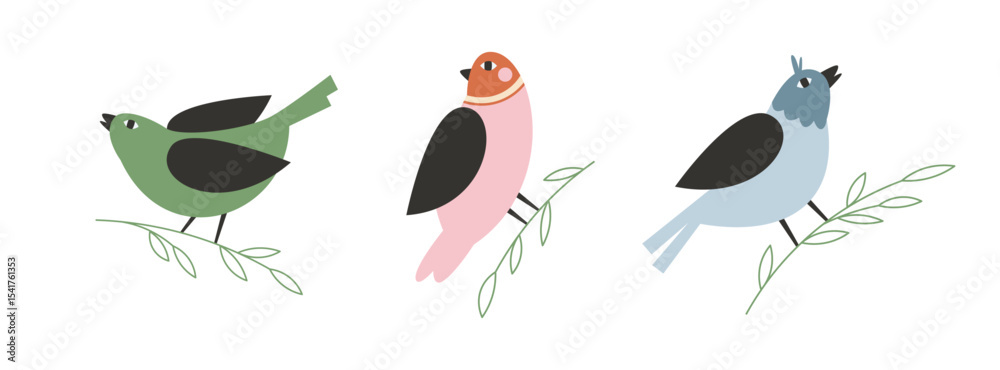 Fototapeta premium Beautiful and cute birds set. Hand drawn vector birds for greeting cards, posters or t-shirts.