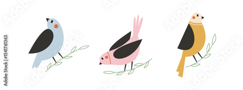 Colorful birds sitting on branches. Hand drawn spring birds set of illustrations or stickers.