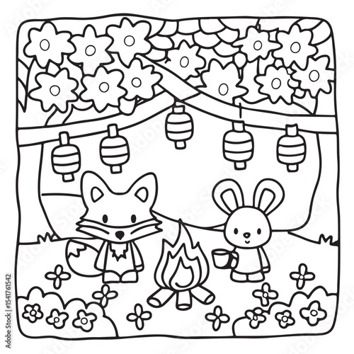 Furry Blossoms – Cute and Easy Coloring Pages for Teens and Adults | Whimsical Animal & Floral Designs Line art vector illustration | Print | Animal Coloring page | Blossoms Coloring Page