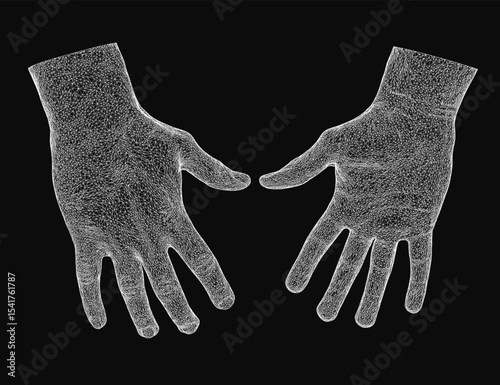 Male hands depicted in a sleek wireframe style stand out against a dark black background, creating a striking contrast. The artistic rendering highlights intricate details and a modern, minimalist.