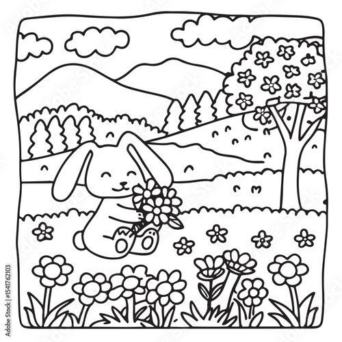 Furry Blossoms – Cute and Easy Coloring Pages for Teens and Adults | Whimsical Animal & Floral Designs Line art vector illustration | Print | Animal Coloring page | Blossoms Coloring Page