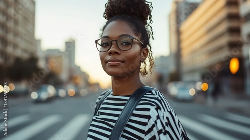This empowering image features a stylish young woman standing confidently in the foreground of a bustling city street, embodying urban life and self-assurance amidst dynamic surroundings.