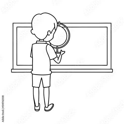 boy standing near blackboard holding globe for school project or presentation