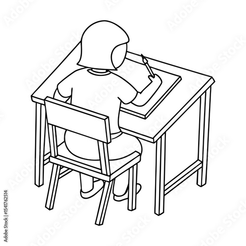 girl sitting at desk writing in notebook from back view for school outline