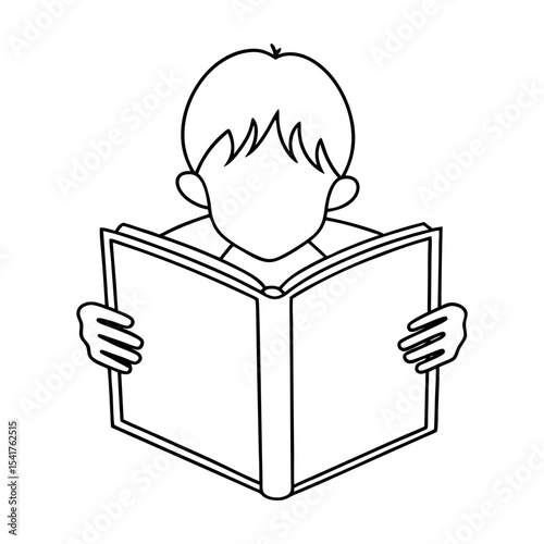 boy holding open notebook in front of face for reading or hiding