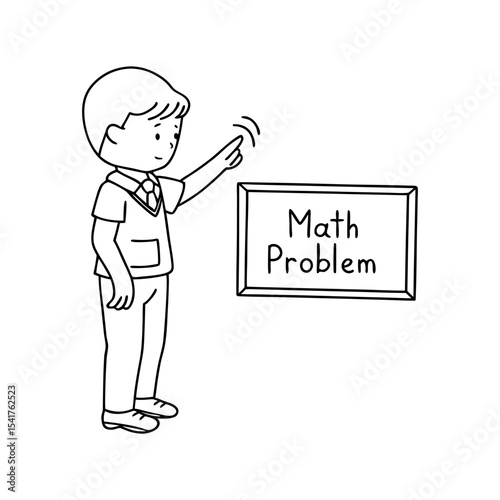 boy pointing at math problem on board for class answer or explanation