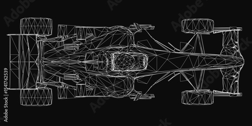 Detailed blueprint of a racing car with intricate lines and geometric shapes, showcasing the complex engineering design. The black background highlights the technical drawing, emphasizing speed.