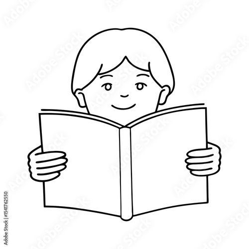 child smiling and reading open book for learning or storytime
