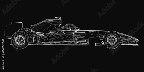A sleek black and white racing car with aerodynamic design, low profile, and wide stance stands out against a dark background. The detailed illustration highlights the car's racing features