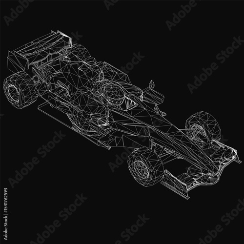 A sleek racing car rendered as a 3D wireframe model, showcasing intricate details of the chassis and aerodynamic design. The black background emphasizes the futuristic and high-tech appearance.