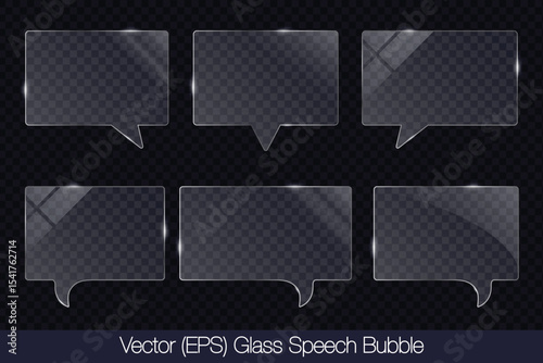 Realistic 3D transparent glass speech bubble in rectangle shape with glare, flat glass or plastic plate, flat transparent glass lens, realistic screen glass, window mockup