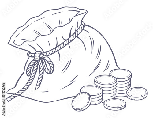 Bag of Coins. Drawn bag of expensive coins. Vector illustration