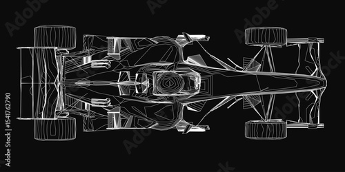A sleek racing car drawn in black and white with intricate details, showcasing its aerodynamic shape and racing design. The stark black background highlights the crisp white lines of the vehicle.