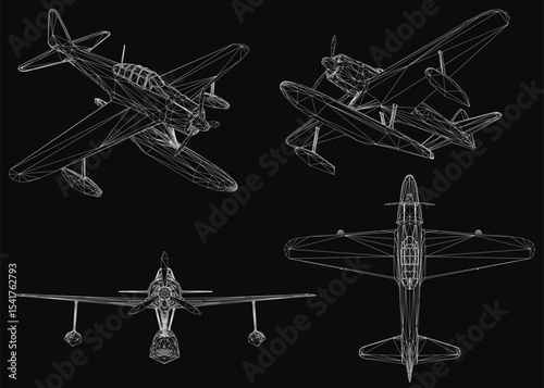 Four distinct airplane models displayed as 3D renders on a black background, highlighting unique designs, wings, propellers, and engines. The clean white outlines contrast sharply against the dark.