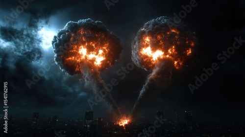 A breathtaking night scene depicting two enormous fireball explosions over a dark city, capturing chaos, power, and the awe-inspiring scale of destruction against architecture.