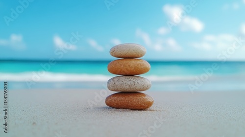 A peaceful arrangement of smooth stones stacked in harmony on a sandy beach, symbolizing balance, tranquility, and a connection to nature's soothing beauty.