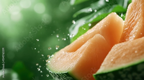 Close-up view of fresh cantaloupe slices surrounded by splashes of water, highlighting the juicy texture and sweet aroma that makes this fruit so desirable and refreshing.