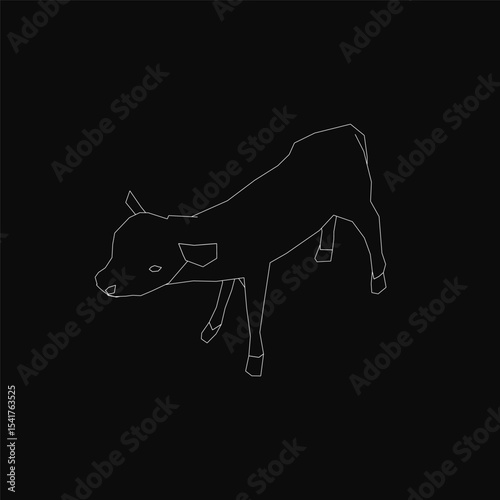 A black and white line art cow stands on a black background, its head tilted slightly with perked ears. The cow has wide, alert eyes and a slightly open mouth, giving it a curious expression.