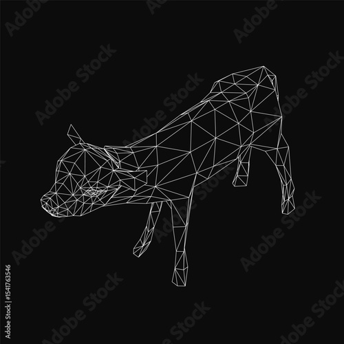 Low poly cow with geometric shapes and clean lines stands out against a black background, creating a striking contrast. The abstract design features angular forms and a minimalist aesthetic.