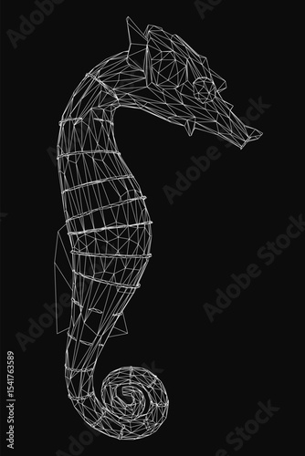 A wireframe seahorse stands out against a black background, showcasing intricate geometric details. The stark contrast highlights the delicate structure and flowing curves.