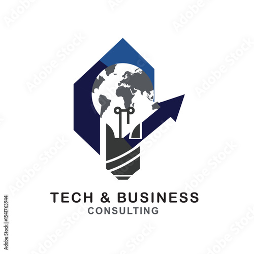 Abstract tech and business consulting logo featuring a stylized lightbulb with a globe and upward arrow, symbolizing global ideas and growth.
