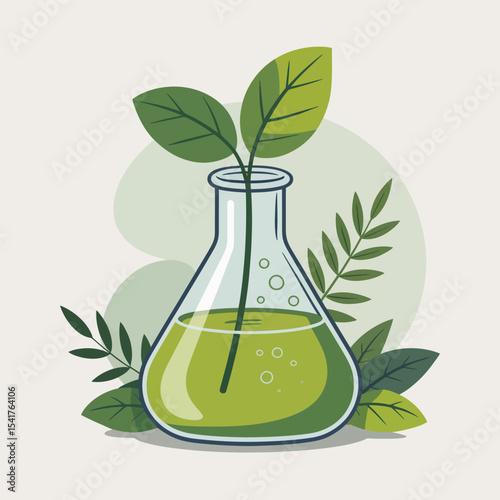 Glass Flask Green Liquid Plant Stem Leaves erlenmeyer flask