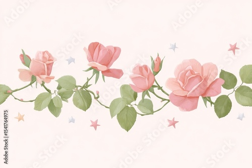 Hand-painted Border Design Featuring Delicate Thorny Vines and Blooming Roses in Pastel Shades With Scattered Stars