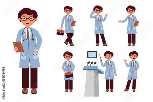 Medical professional in various poses with medical tools, emphasizing healthcare and patient interaction in a friendly environment. Set of doctor characters in flat style on white background.