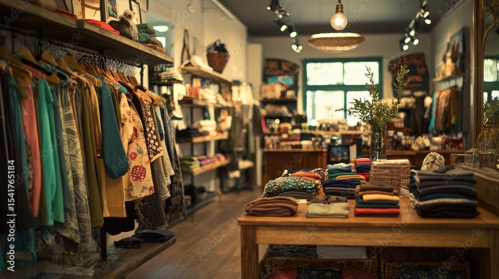 Naklejka premium Cozy boutique store interior featuring unique clothing and accessories.