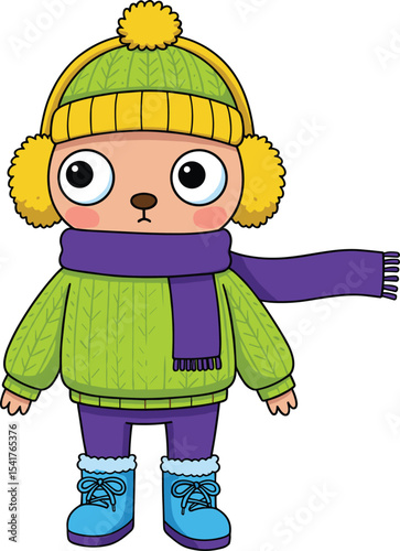 Adorable Winter Outfit: Cartoon Character Bundled Up in Warm Clothes for Cold Weather